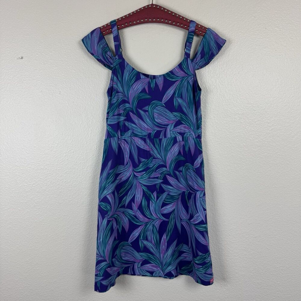 Rainbow Jo Tropical Palm Leaf Print Cold Shoulder Babydoll Dress Purple Aqua S